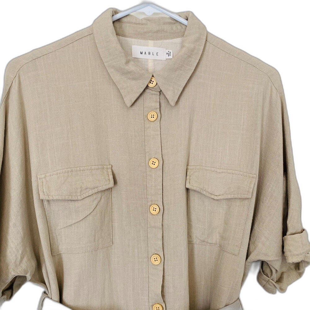 MABLE Tan Linen Blend Pocket Belted Summer Vacation Cruise Beach Romper Size M - Picture 2 of 10